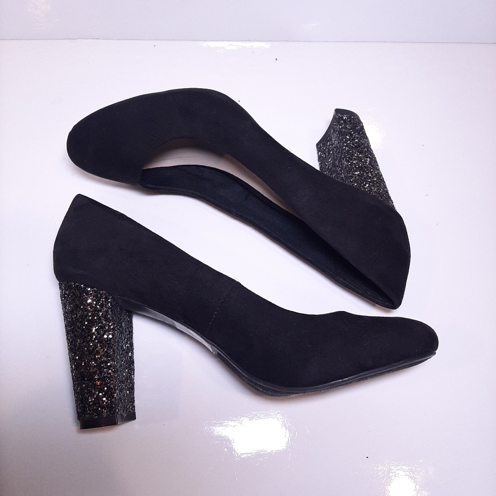 Fergalicious Dandy Velvet Glitter Black High Heels Ballet Toe Party Size 8 - Picture 6 of 15